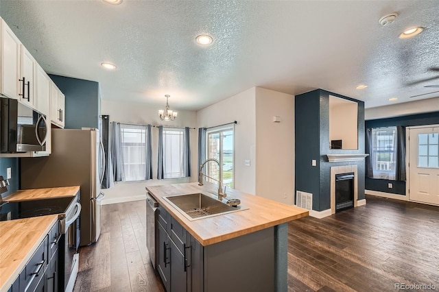 5624 Killdeer St, Brighton, CO 80601 - kitchen with wooden counters, stainless steel appliances, a sink, a textured ceiling, and an island with sink