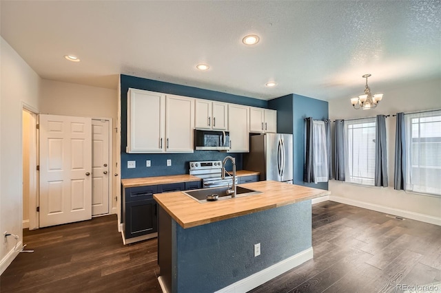 5624 Killdeer St, Brighton, CO 80601 - kitchen featuring wooden counters, stainless steel appliances, a sink, a chandelier, and dark wood-type flooring