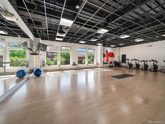 exercise room with wood finished floors