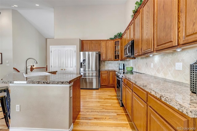 6633 E 166th Pl, Brighton, CO 80602 - kitchen featuring appliances with stainless steel finishes, a sink, light wood-type flooring, brown cabinetry, and decorative backsplash