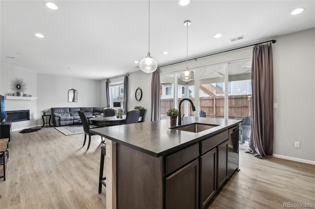 kitchen with a sink, light wood-type flooring, a wealth of natural light, and a glass covered fireplace