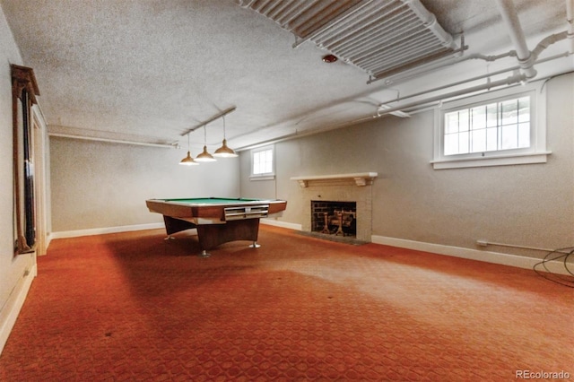 2222 E 7th Avenue Parkway, Denver, CO 80206 - game room featuring baseboards, a fireplace, billiards, and carpet floors