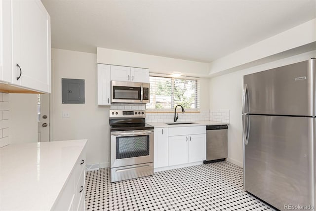 1331 Xanadu St, Aurora, CO 80011 - kitchen featuring stainless steel appliances, electric panel, light countertops, and white cabinetry