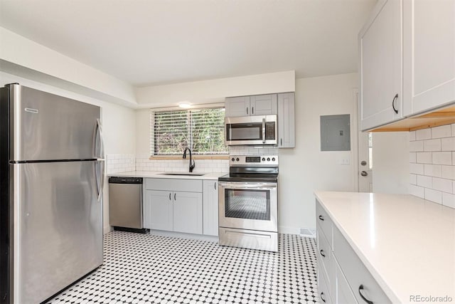 1331 Xanadu St, Aurora, CO 80011 - kitchen featuring appliances with stainless steel finishes, gray cabinets, light countertops, electric panel, and backsplash