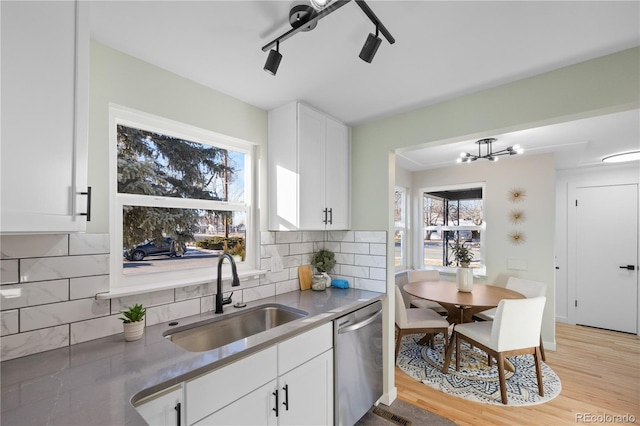 kitchen with sink, white cabinetry, light wood-type flooring, stainless steel dishwasher, and decorative backsplash