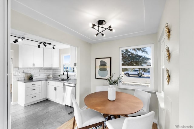 dining space featuring wood-type flooring, sink, and a wealth of natural light