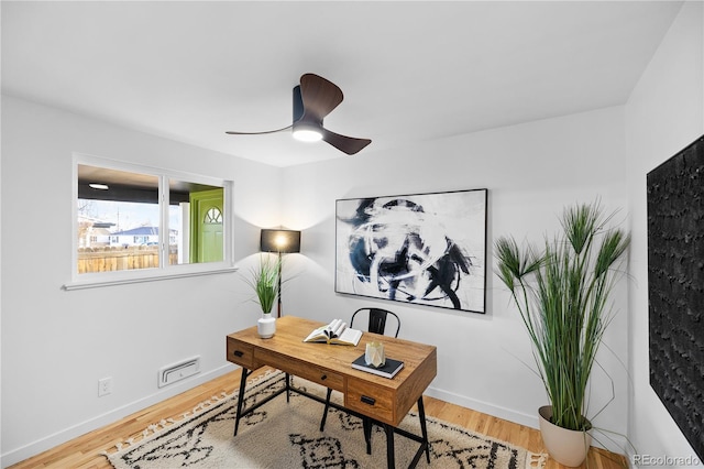 office space with ceiling fan and wood-type flooring