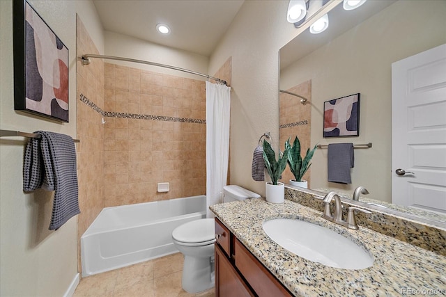 full bathroom with tile patterned floors, toilet, shower / tub combo, and vanity