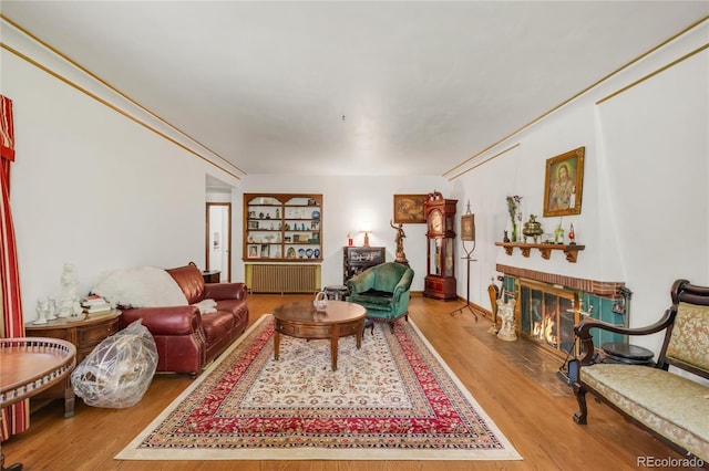 1475 S Monaco St Parkway, Denver, CO 80224 - living area featuring wood finished floors, a fireplace with flush hearth, and radiator
