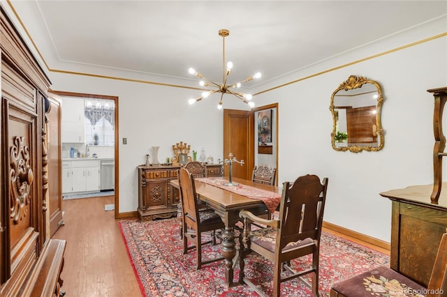 1475 S Monaco St Parkway, Denver, CO 80224 - dining space featuring a chandelier, light wood-style floors, and crown molding