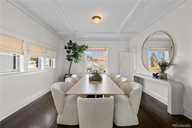 dining space featuring baseboards, coffered ceiling, dark wood-style flooring, and beamed ceiling