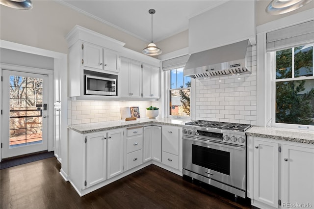kitchen featuring white cabinetry, ornamental molding, appliances with stainless steel finishes, wall chimney range hood, and dark wood-style floors