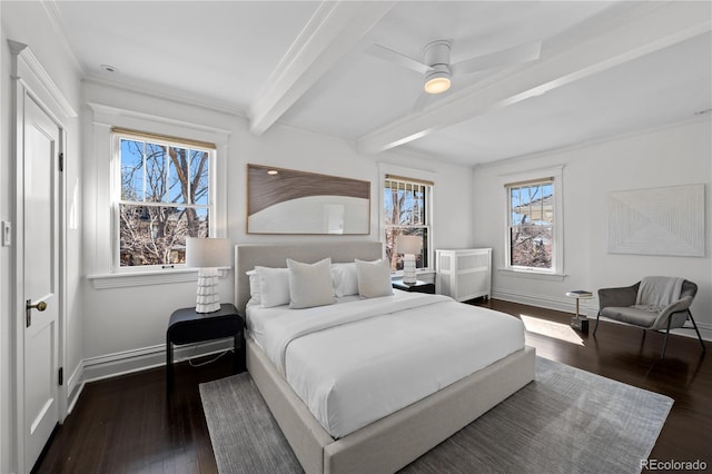bedroom featuring beam ceiling, dark wood finished floors, and baseboards