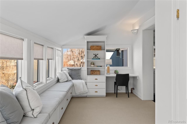 bedroom featuring light carpet and vaulted ceiling