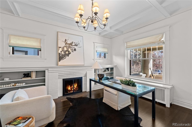 637 N Franklin St, Denver, CO 80218 - office area featuring coffered ceiling, dark wood-style flooring, a chandelier, a fireplace, and baseboards