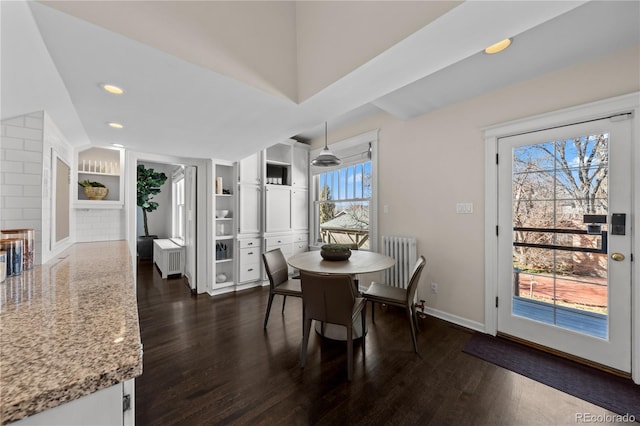 637 N Franklin St, Denver, CO 80218 - dining room with dark wood-type flooring, built in features, baseboards, radiator, and recessed lighting