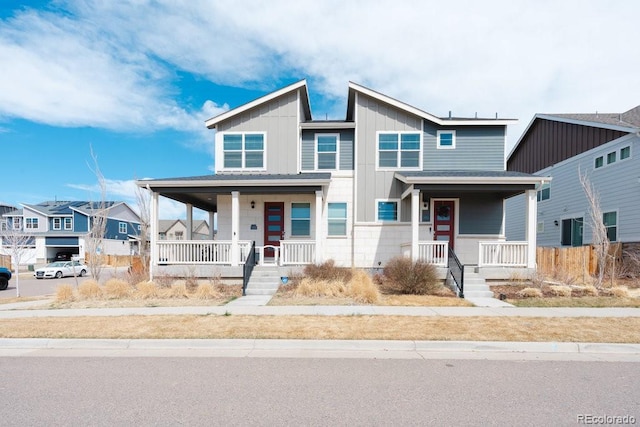 21821 E 7th Ave, Aurora, CO 80018 - modern home with covered porch, board and batten siding, and stairway