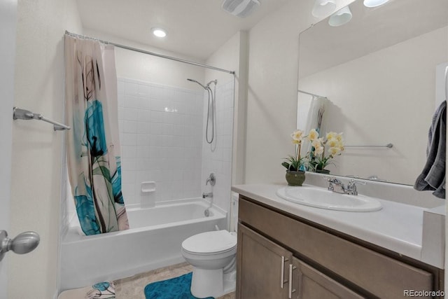 21821 E 7th Ave, Aurora, CO 80018 - full bath featuring toilet, shower / bath combo with shower curtain, vanity, visible vents, and tile patterned floors