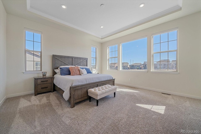 bedroom featuring a tray ceiling, multiple windows, and baseboards