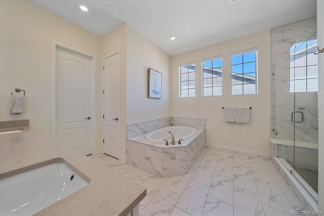 full bathroom featuring a marble finish shower, marble finish floor, and a healthy amount of sunlight