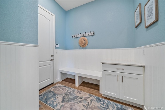 mudroom featuring a wainscoted wall and wood finished floors