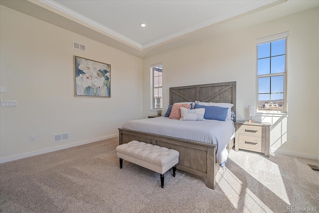 carpeted bedroom with crown molding, recessed lighting, baseboards, and visible vents