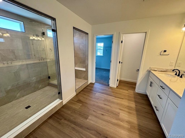 245 Wooten Ave, Brighton, CO 80601 - full bathroom with a stall shower, vanity, and wood finished floors