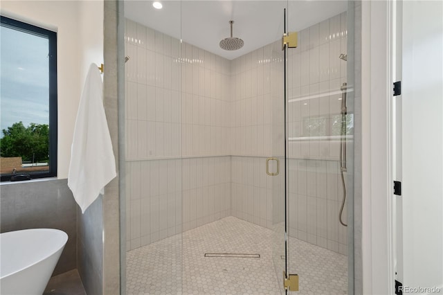 bathroom with shower with separate bathtub