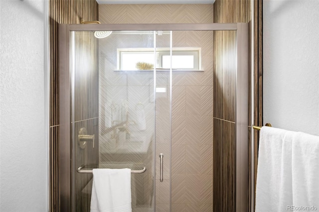 3065 S Eudora St, Denver, CO 80222 - bathroom with a shower stall and a textured wall