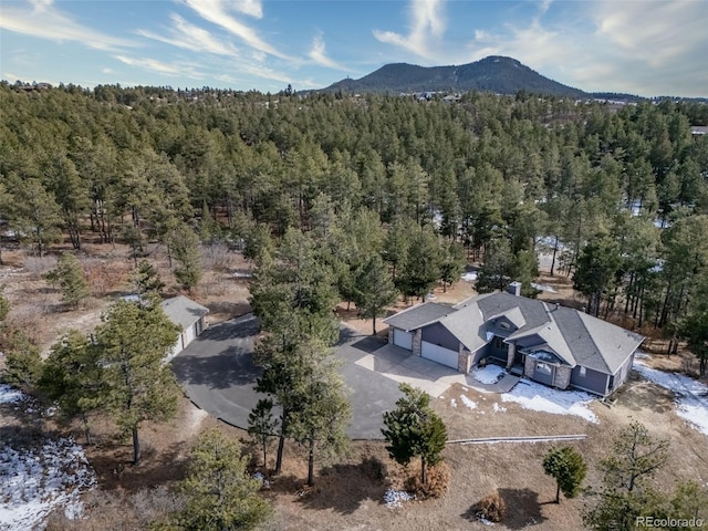 birds eye view of property with a mountain view and a view of trees