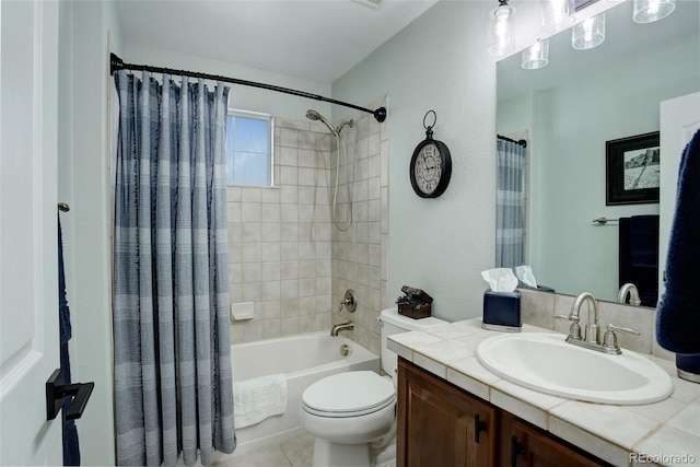 bathroom with shower / bath combo, vanity, and toilet