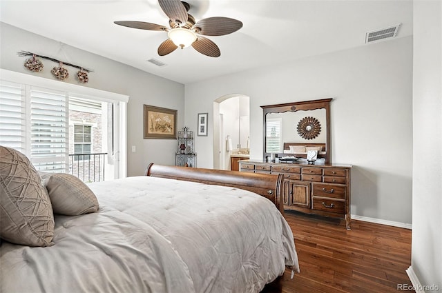 681 W Burgundy St Unit A, Highlands Ranch, CO 80129 - bedroom featuring arched walkways, dark wood-style flooring, baseboards, access to outside, and ceiling fan