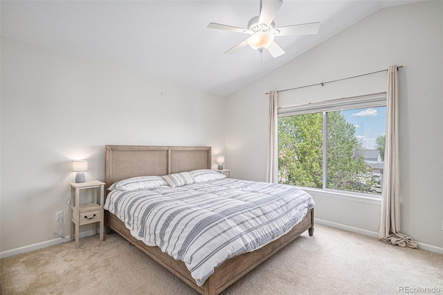 3543 S Ceylon Way, Aurora, CO 80013 - bedroom with light colored carpet, lofted ceiling, baseboards, and a ceiling fan