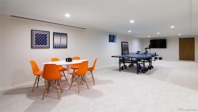 rec room with recessed lighting, baseboards, and light colored carpet