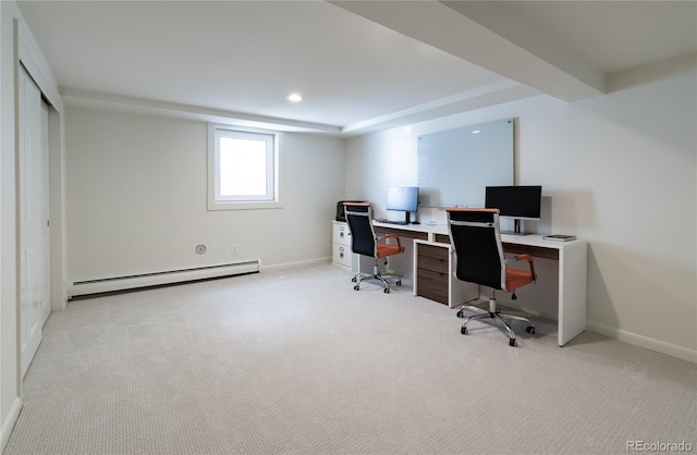 office featuring baseboards, baseboard heating, and light carpet