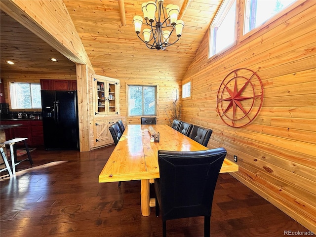 dining space with wooden walls, a chandelier, wood ceiling, and dark wood-type flooring