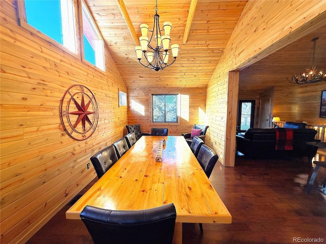 dining room with wooden walls, wooden ceiling, and an inviting chandelier