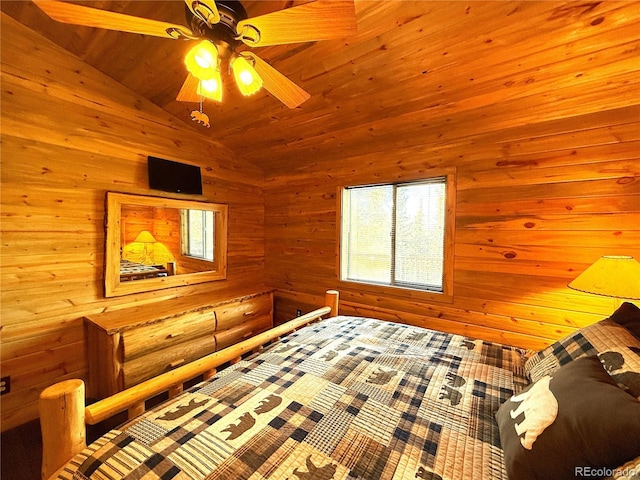 bedroom featuring lofted ceiling, ceiling fan, wood ceiling, and log walls