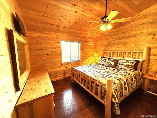 bedroom with dark hardwood / wood-style flooring, ceiling fan, vaulted ceiling, and wooden ceiling