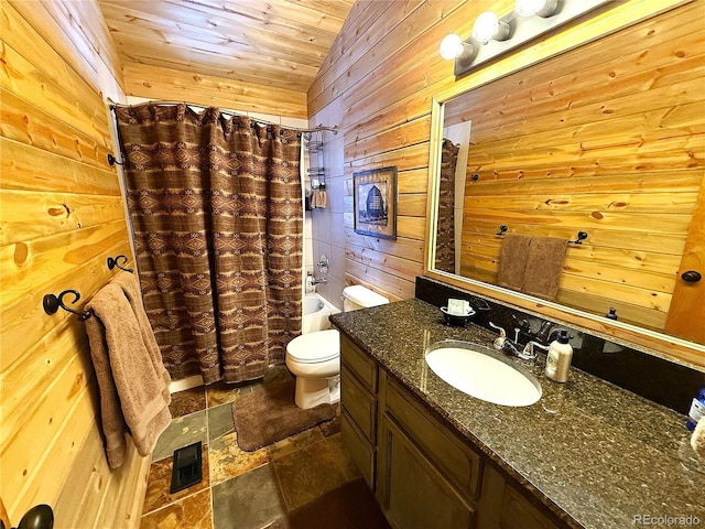 full bathroom with toilet, wooden walls, wood ceiling, lofted ceiling, and shower / bath combo