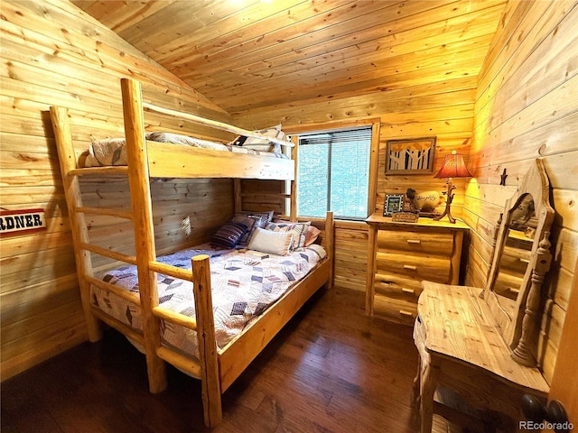 bedroom with wooden ceiling, vaulted ceiling, and dark wood-type flooring