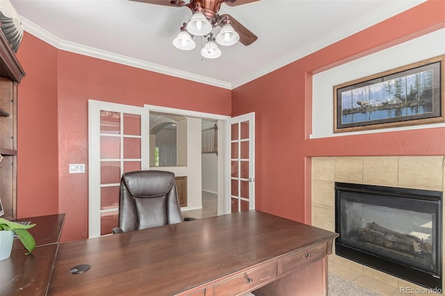 7852 Solstice Way, Castle Rock, CO 80108 - office space featuring a ceiling fan, french doors, a fireplace, crown molding, and light tile patterned flooring