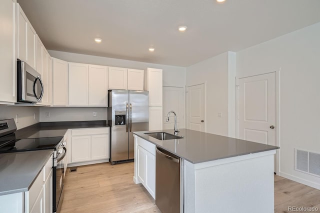 kitchen with white cabinetry, sink, an island with sink, and stainless steel appliances