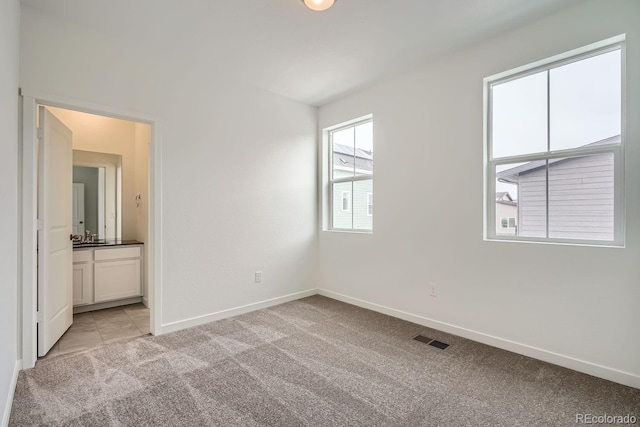 spare room featuring light carpet and sink