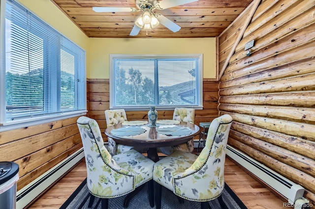 8758 S Murphy Gulch Rd, Littleton, CO 80127 - dining space featuring baseboard heating, log walls, light wood-type flooring, wood ceiling, and ceiling fan