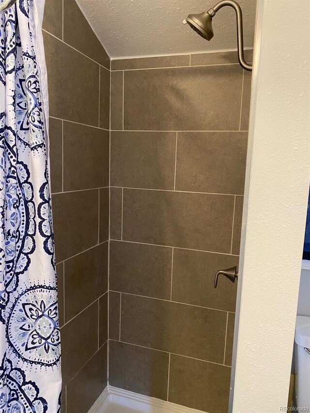 8758 S Murphy Gulch Rd, Littleton, CO 80127 - bathroom with a tile shower and a textured ceiling