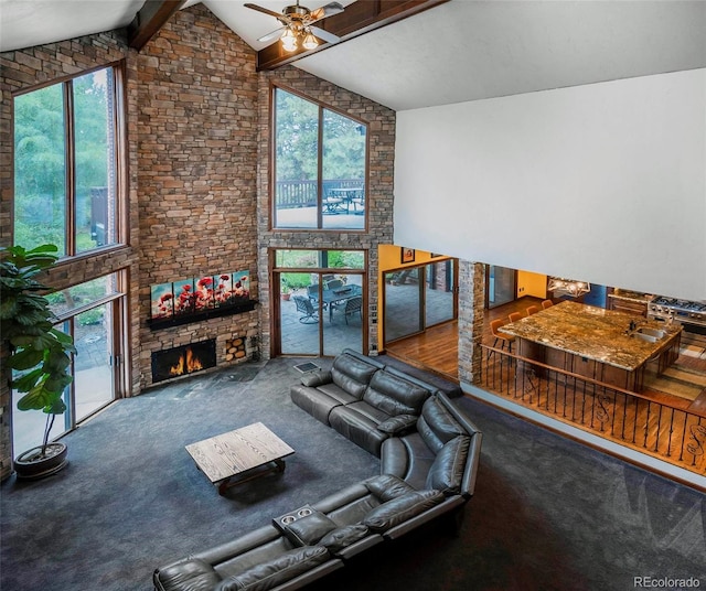 living area featuring beamed ceiling, carpet flooring, ceiling fan, and plenty of natural light