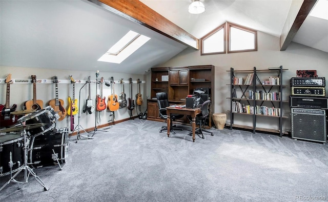 office space featuring lofted ceiling with skylight, baseboards, and carpet