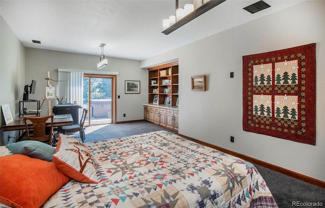 carpeted bedroom with baseboards, visible vents, and access to exterior