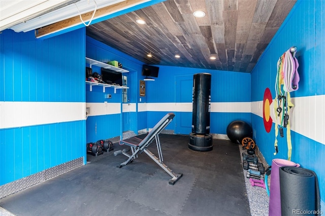 workout area with wooden ceiling